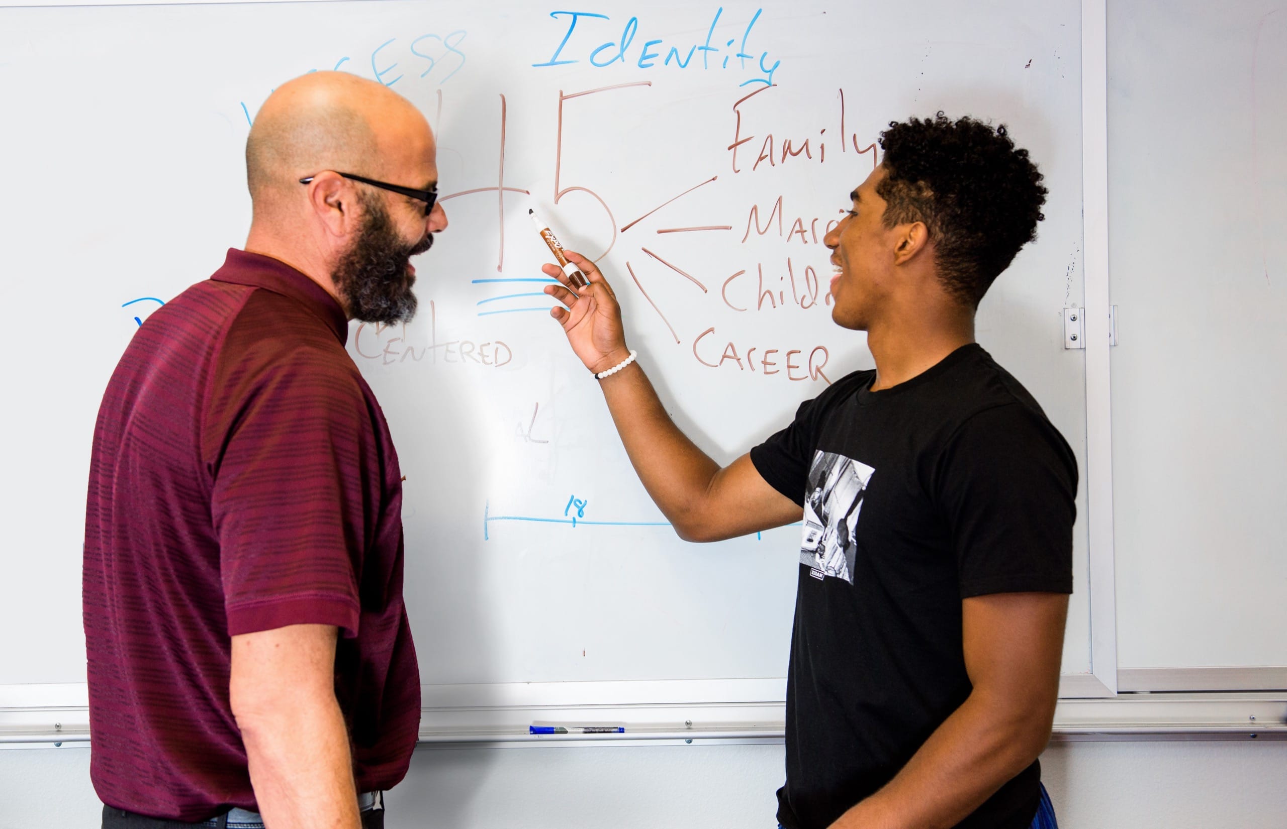 Two men writing on a whiteboard